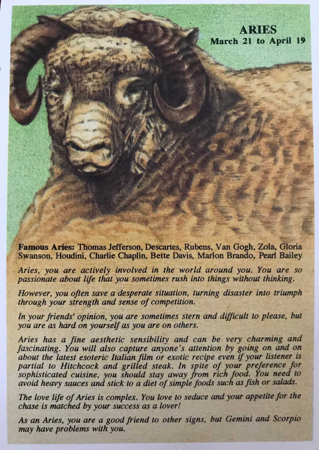 ARIES  -    March 21 to April 19 Post Card